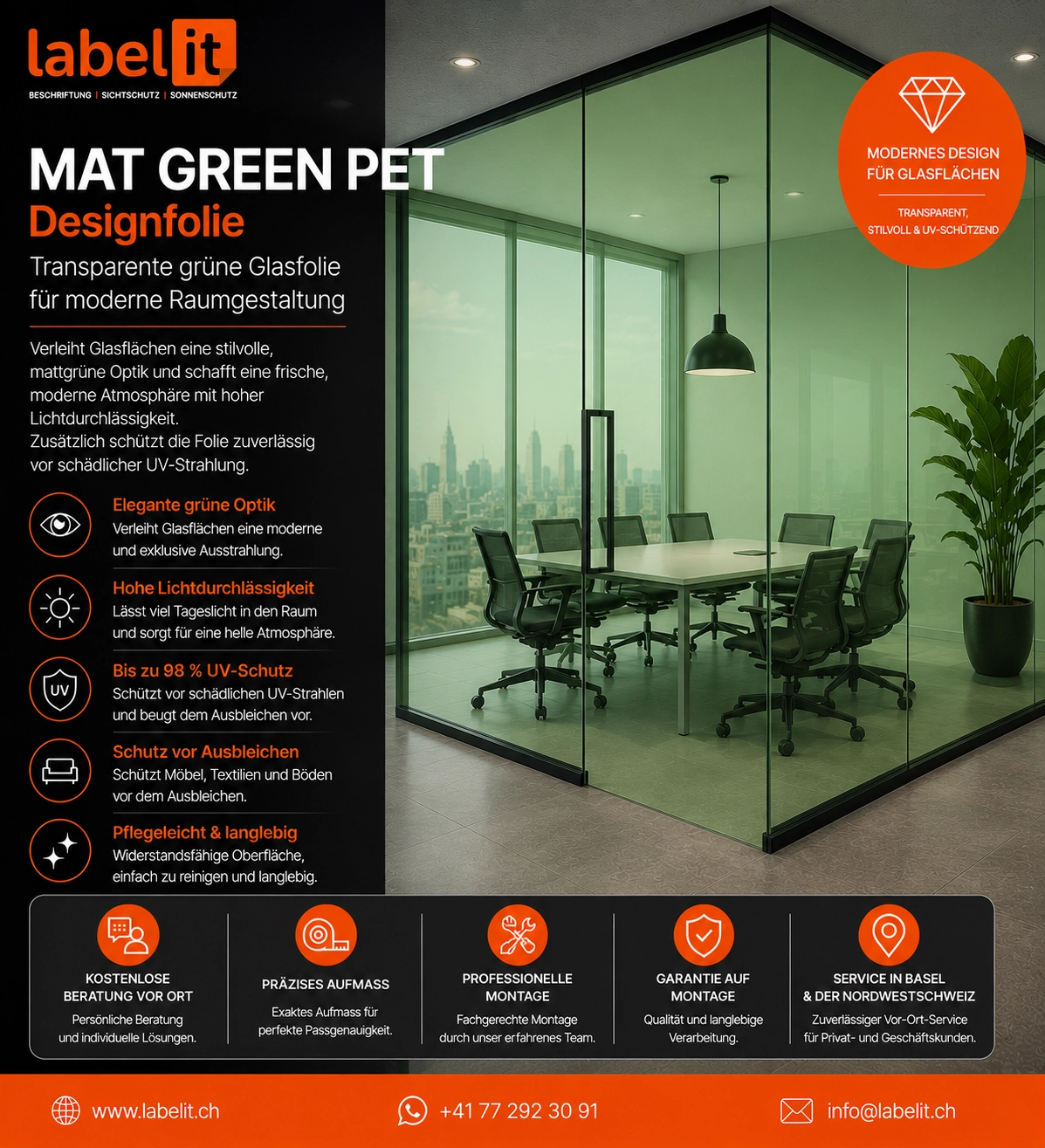 MAT GREEN PET Designfolie für Fenster und Glasflächen – Elegante grüne Designfolie mit UV-Schutz