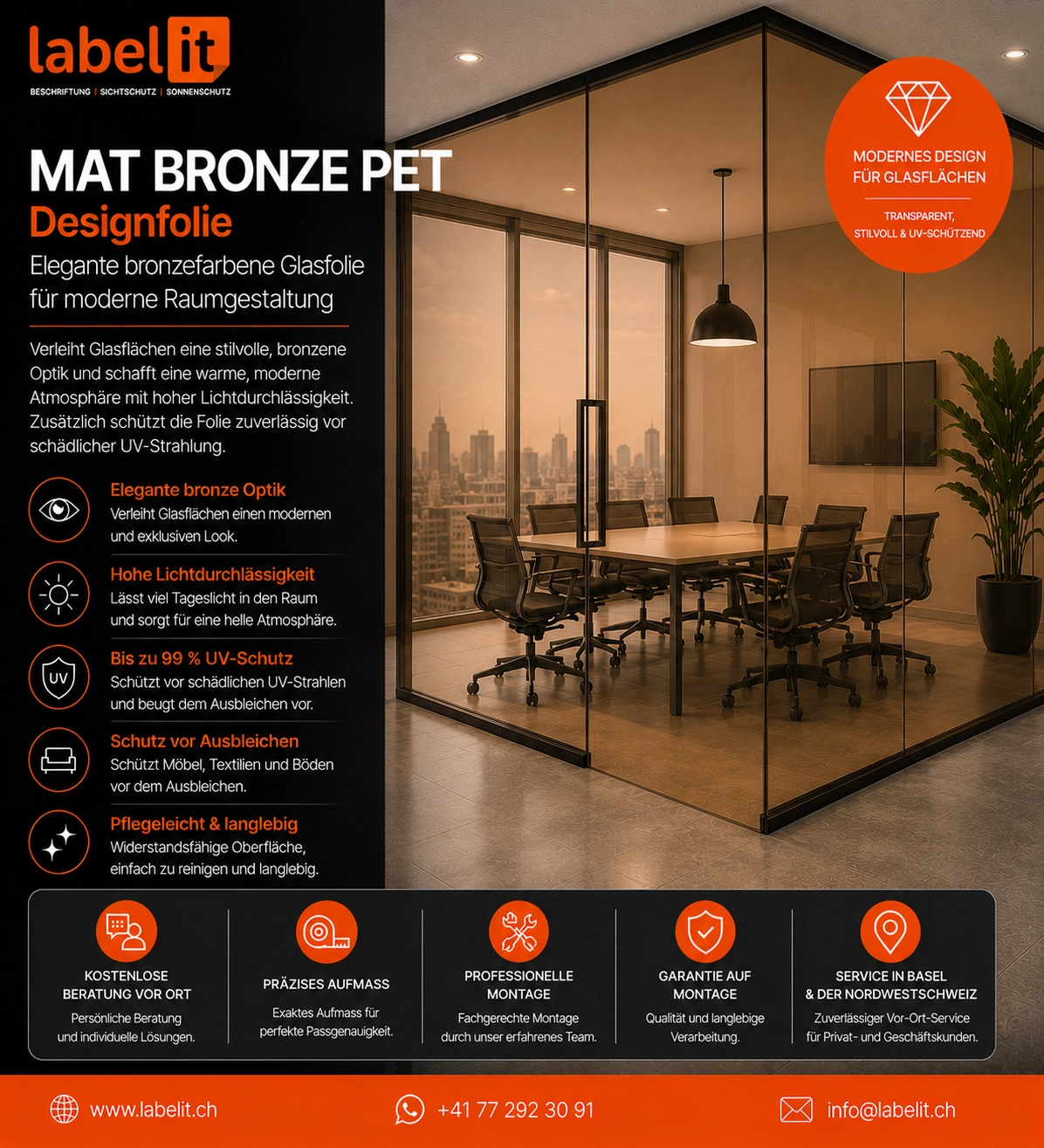 MAT BRONZE PET Designfolie für Fenster und Glasflächen – Elegante bronzefarbene Designfolie mit UV-Schutz