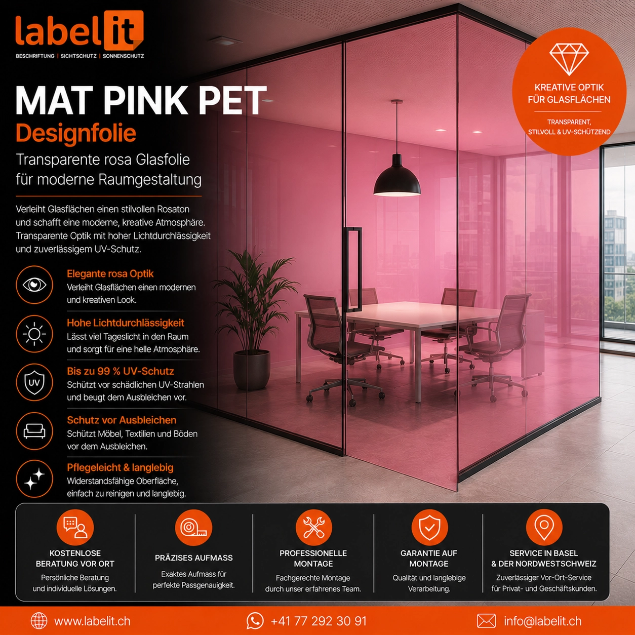MAT PINK PET Designfolie für Fenster und Glasflächen – Elegante rosa Designfolie mit UV-Schutz