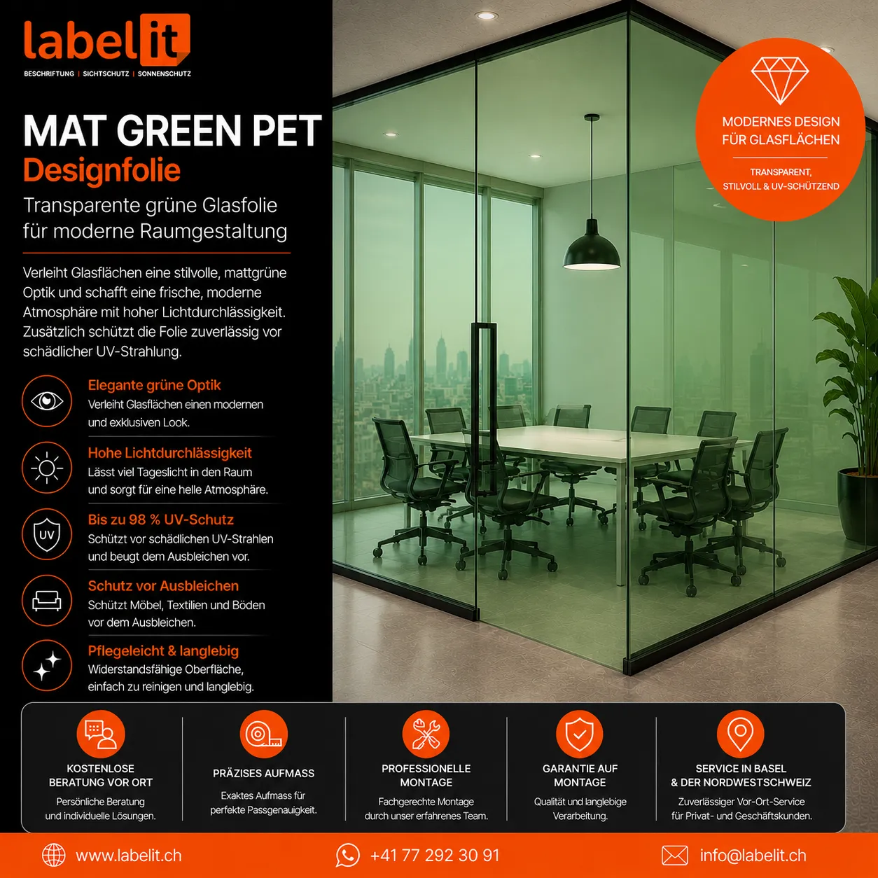 MAT GREEN PET Designfolie für Fenster und Glasflächen – Elegante grüne Designfolie mit UV-Schutz