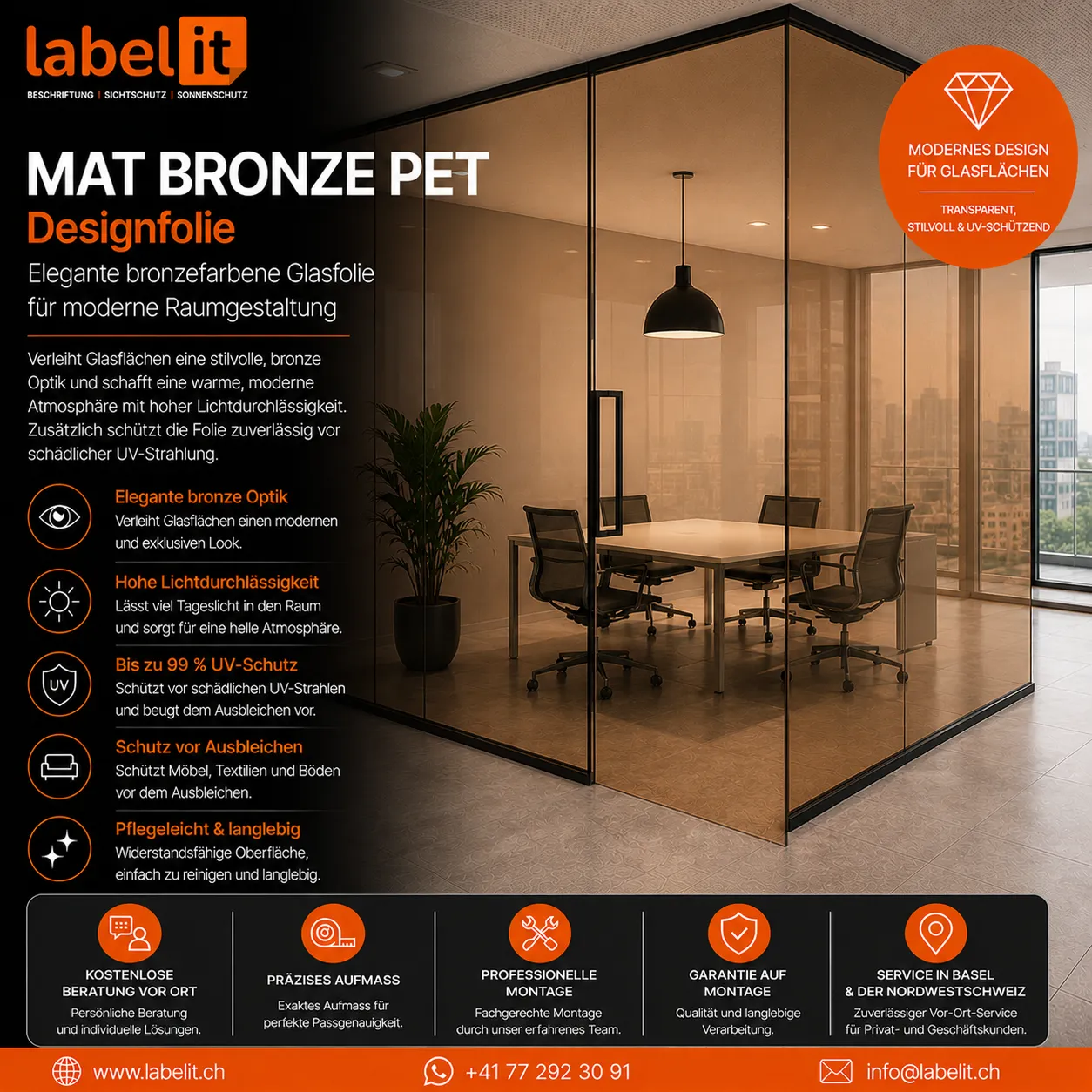 MAT BRONZE PET Designfolie für Fenster und Glasflächen – Elegante bronzefarbene Designfolie mit UV-Schutz