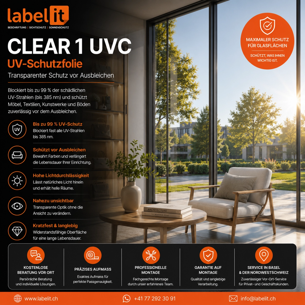 CLEAR 1 UVC UV-Schutzfolie | Transparente Fensterfolie gegen Ausbleichen
