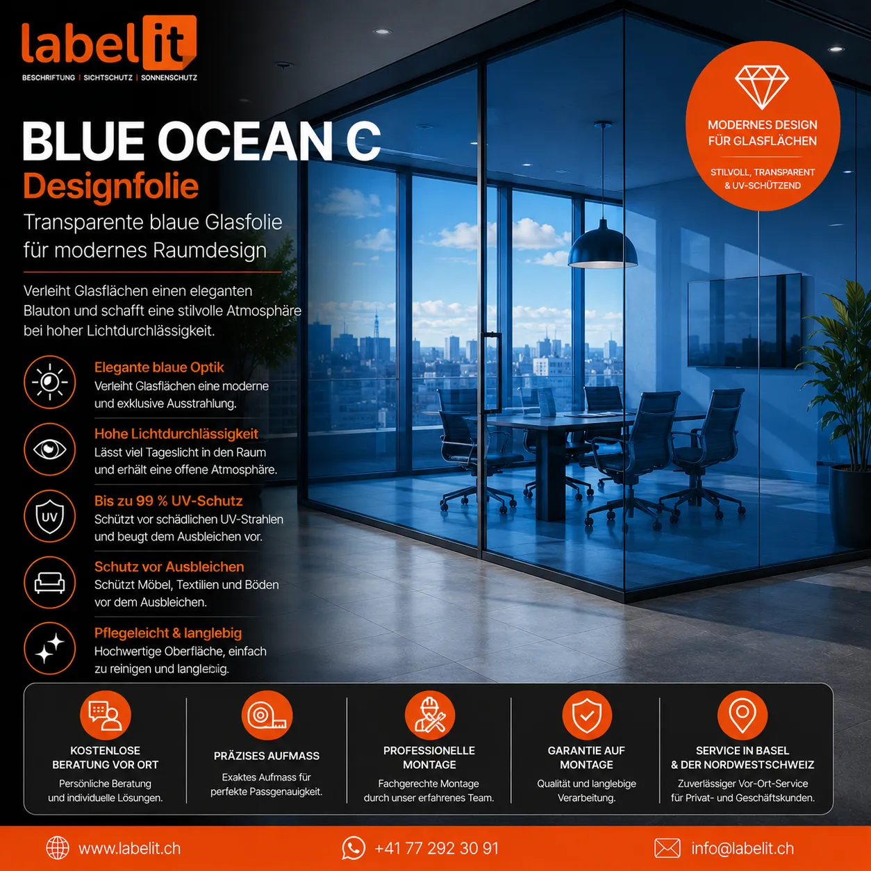 BLUE OCEAN C Designfolie für Fenster und Glasflächen – Transparente blaue Designfolie mit UV-Schutz
